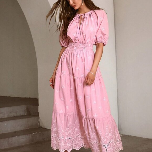 Pink Casual Women's Embroidered Lantern Sleeve Tie-Up Long Dress Pink Casual Women's Embroidered Lantern Sleeve Tie-Up Long Dress